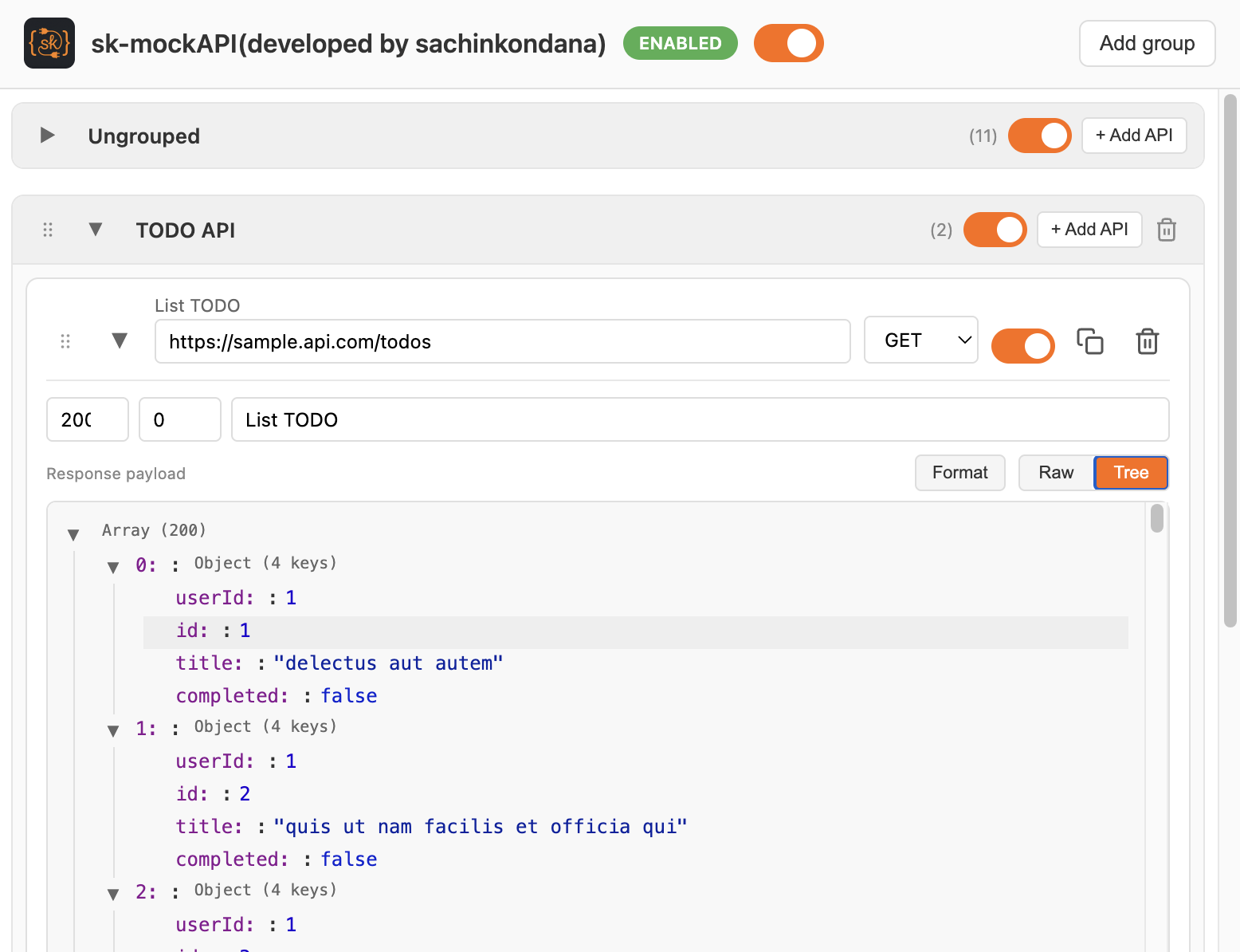 Expanded mock rule editor with URL, method, status, delay, and response payload in Tree view